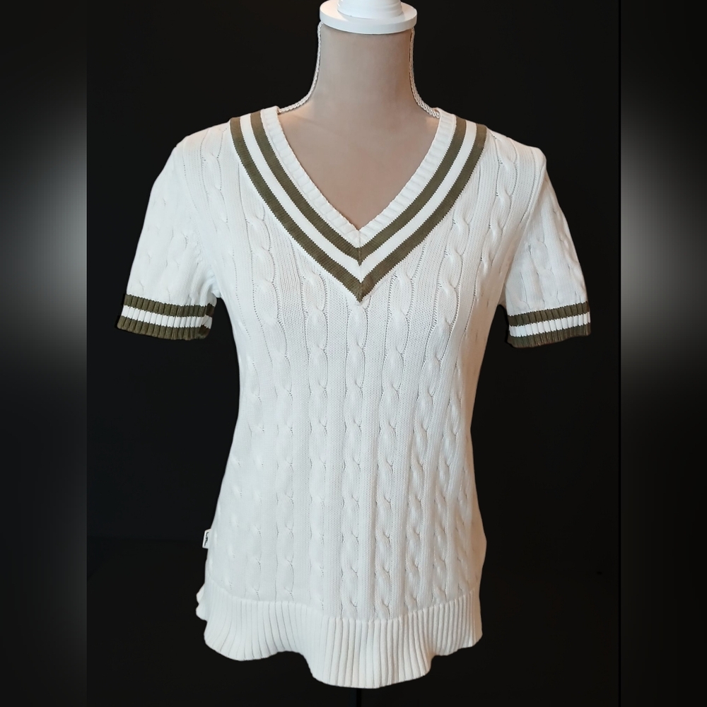 Lauren Ralph Lauren White Cable Knit V-Neck Sweater with Olive Trim